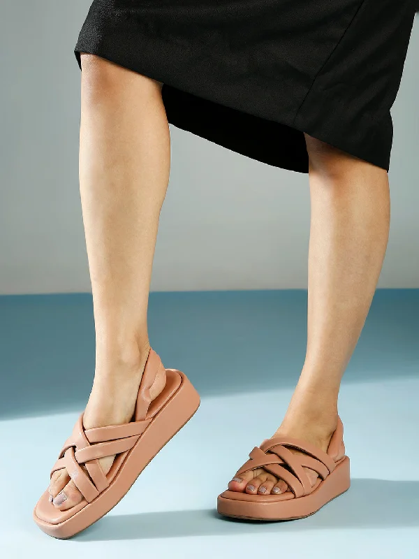 Durable Footwear Women Peach Strappy Open Toe Wedge Heels With Backstrap