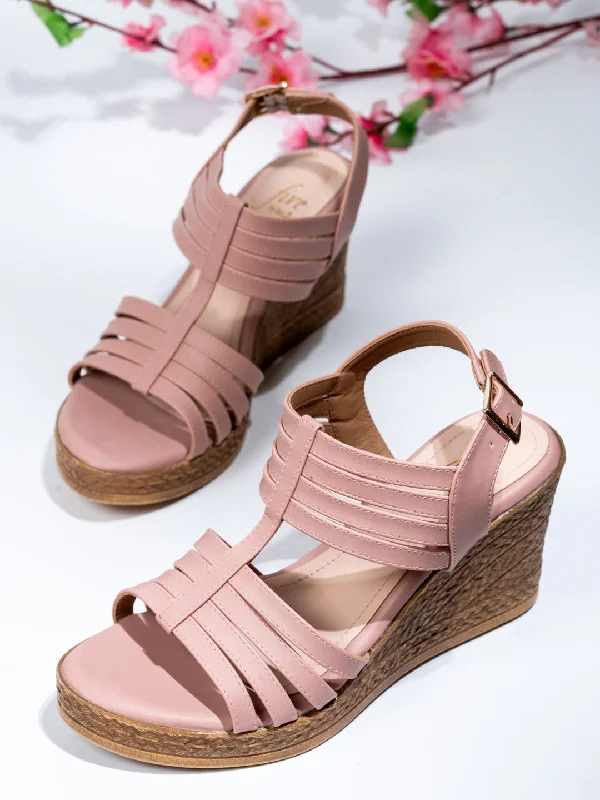 Premium Sneakers Women Peach Strappy Wedge Heels With Buckle Details