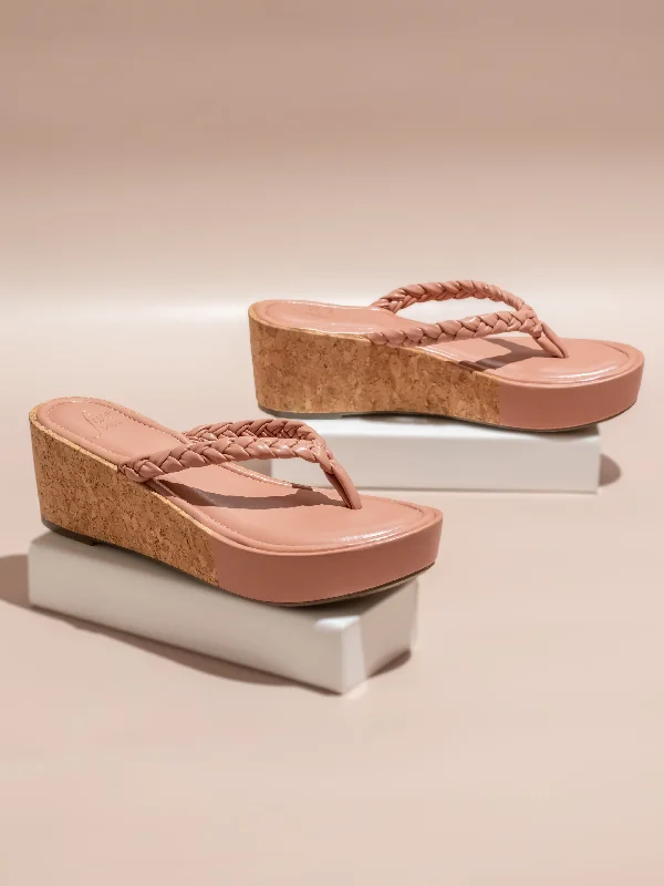 Ventilated Footwear Women Peach Textured Open Toe Cork Finish Wedge Heels