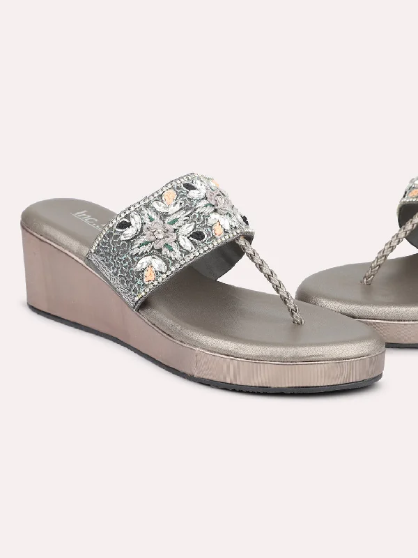 Flexible Fit Shoes Women Pewter Embellished Ethnic Wedges