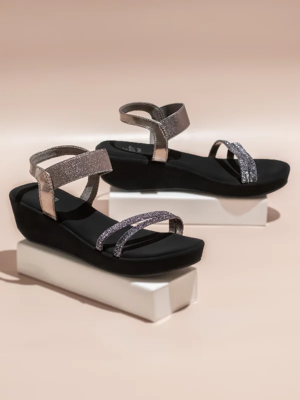 Long-Lasting Shoes Women Pewter Embellished Open Toe Wedge Heels