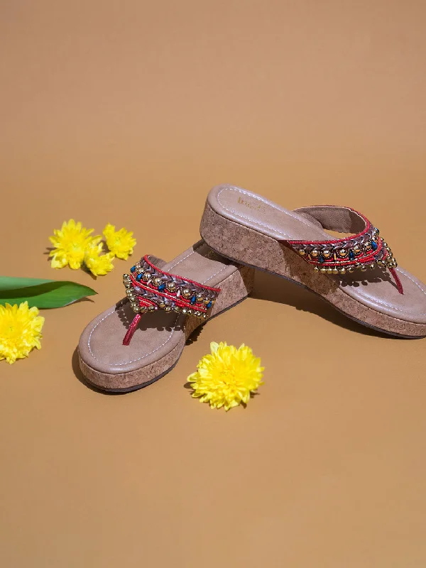 Flexible Sneakers Women Red Embellished Ethnic Wedges