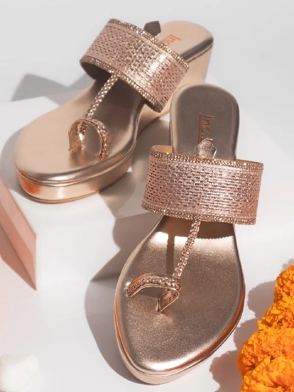 Trendy Footwear Women Rose Gold Embellished One Toe Wedges