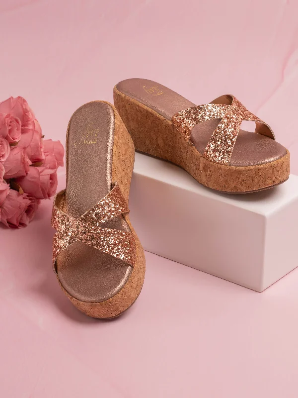Smart Casual Shoes Women Rose Gold Embellished Open Toe Cork Finish Wedge Heels