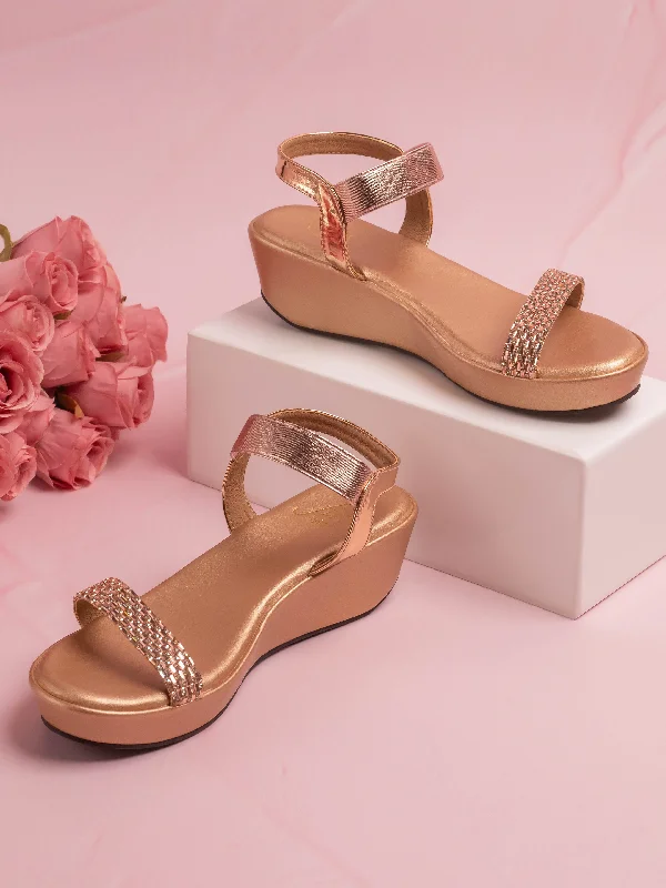 Comfy Shoes Women Rose Gold Embellished Wedges With Backstrap