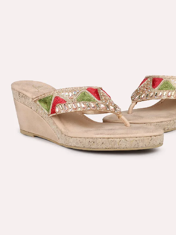 Lightweight Shoes Women Rose Gold Embroidered Open Toe Cork Finish Wedge Heels