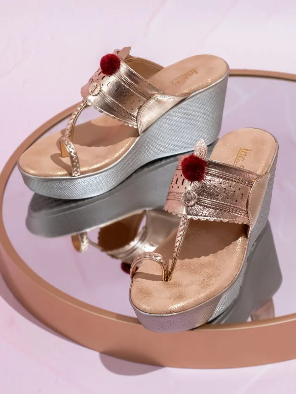 Cushioning Sneakers Women Rose Gold Textured Embellished One Toe Kolhapuri Wedge Heels