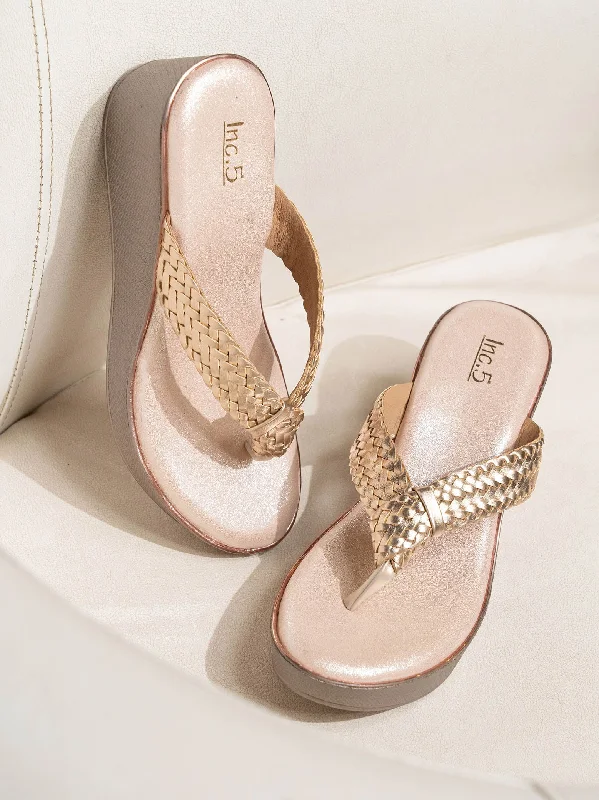 Water-Resistant Sneakers Women Rose Gold Textured Embellished Wedge Heels