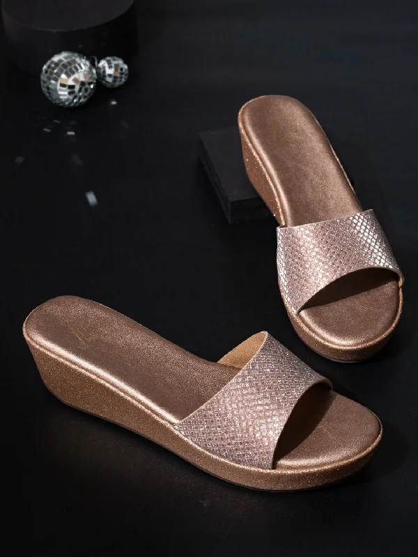 Flexible Fit Shoes Women Rose Gold Textured Embellished Wedge Heels