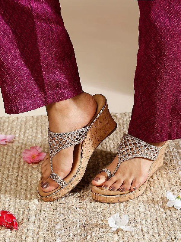 Comfortable Boots Women Rose Gold Textured One Toe Wedge Heels