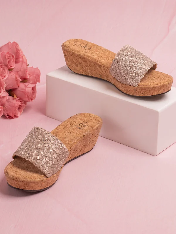 Air Cushion Sneakers Women Rose Gold Textured Open Toe Cork Finish Wedge Heels