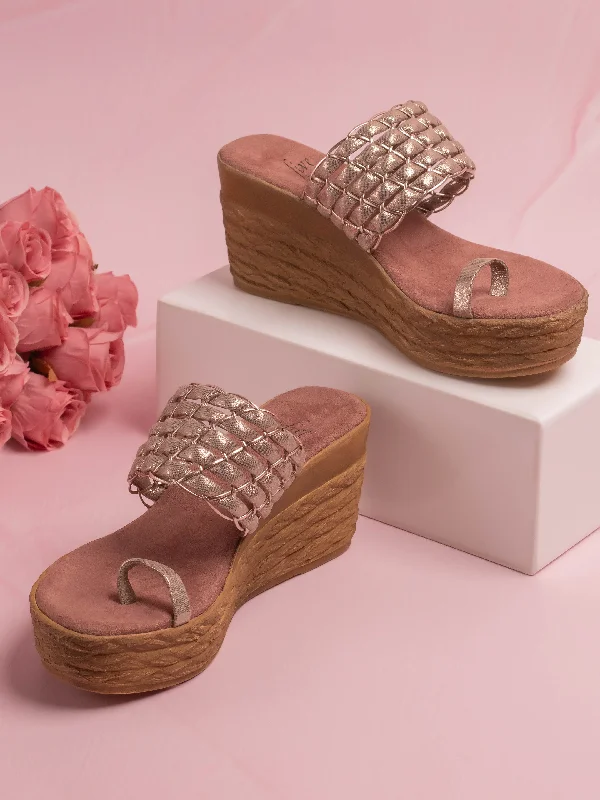 Sporty Sneakers Women Rose Gold-Toned Textured One Toe Wedge Heels
