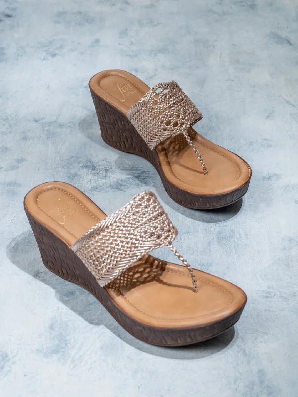 Ergonomic Shoes Women Rose Gold Woven Design Wedge Sandals