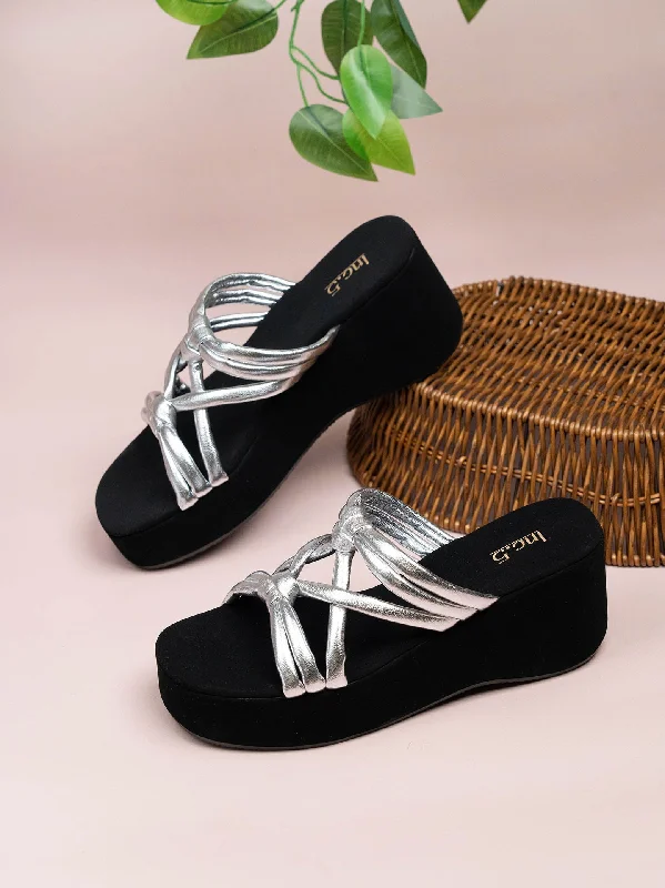 Travel Sneakers Women Silver Strapy Open Toe Wedge Heels With Knot Detail