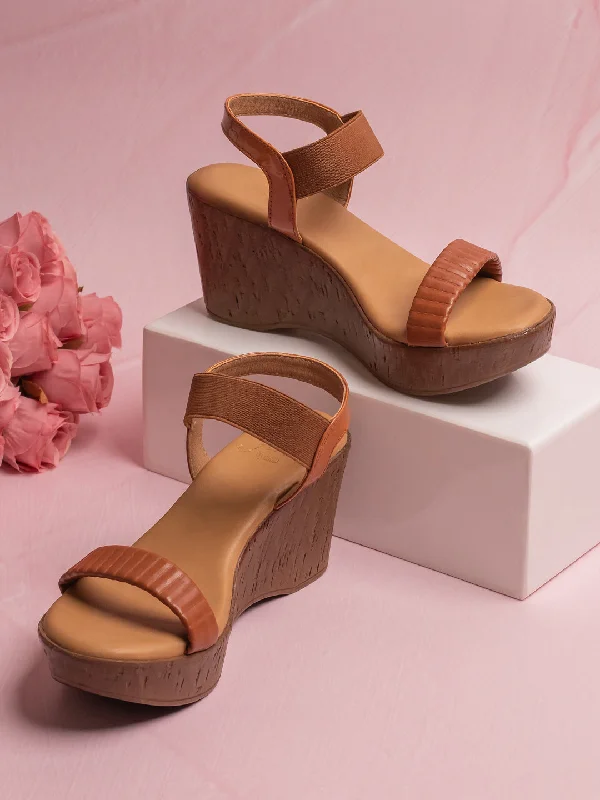 Smooth Leather Shoes Women Tan Textured Open Toe Solid Wedge Heels With Backstrap