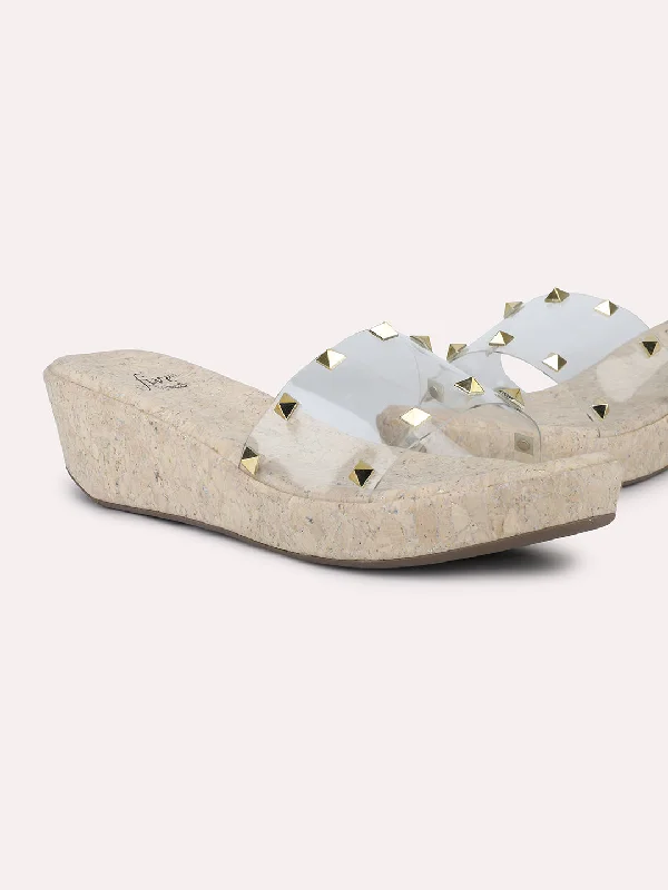 Budget Sneakers Women White & Cork Finish Transparent Studded Wedge Heels