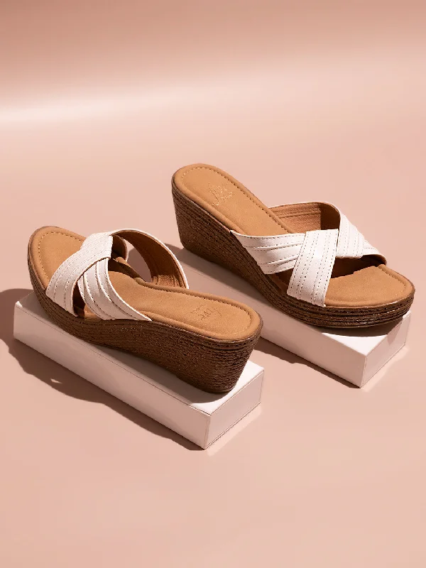 Fashion Sport Shoes Women White Criss-Cross Textured Strap Wedge Heels