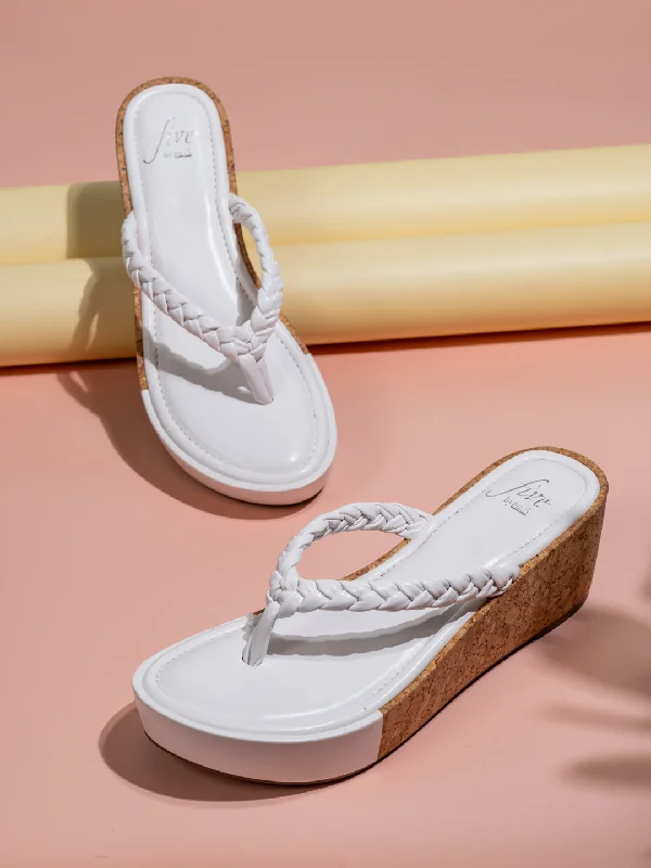 Cushion Comfort Shoes Women White Textured Cork Finish Wedge Heels