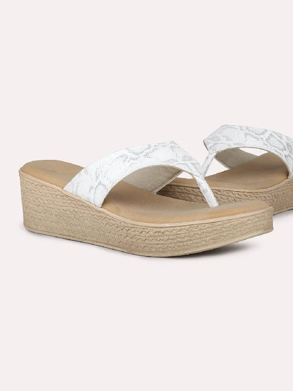 Sleek Loafers Women White Textured One Toe Wedge Heels