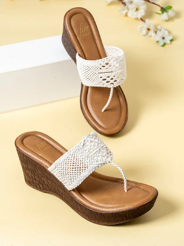 All-Season Footwear Women White Woven Design Wedge Sandals