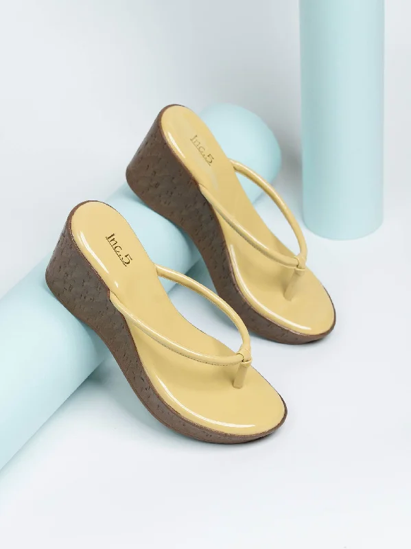 Memory Foam Shoes Women Yellow Solid Wedges with Knot Detail