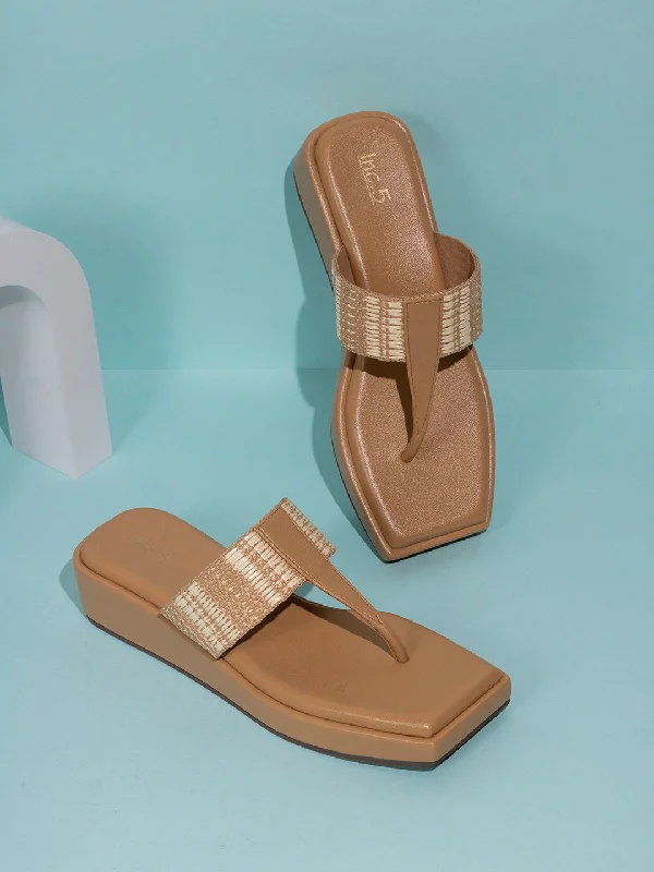 Chic Walking Shoes Womens Beige Printed T Strap Casual Wedge Heel Sandals