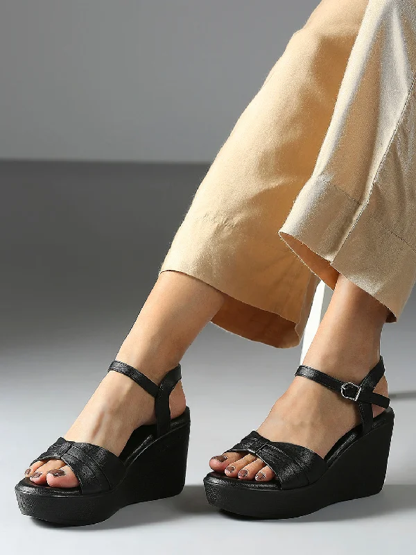 Flexible Sole Shoes Womens Black Casual Open toe Wedges Sandals