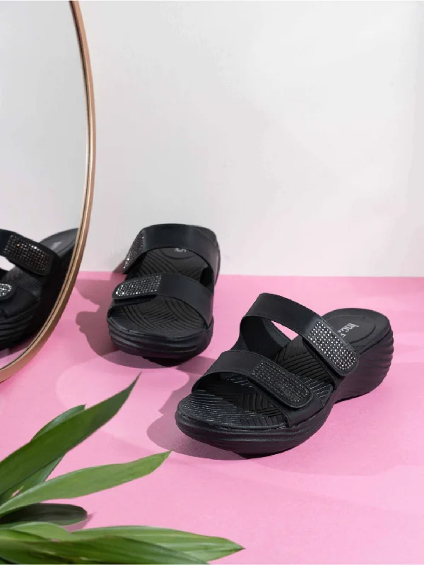 Outdoor Sneakers Womens Black Casual Solid Round Toe Wedges Heel Mules