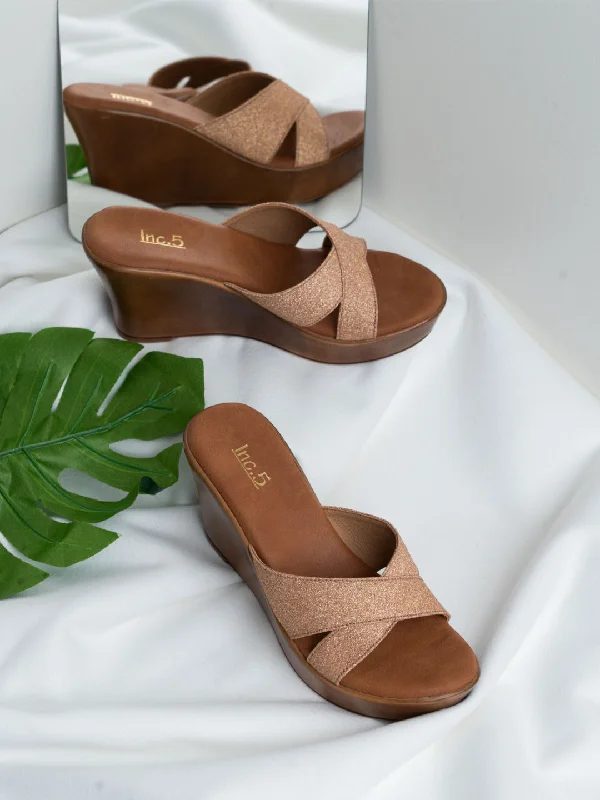 Stylish Outdoor Shoes Womens Rose Gold Party Wear Solid Round Toe Wedge Mules