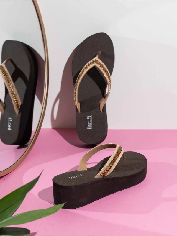 Comfortable Slip-Ons Womens Rose Golden Party Wear Solid Round Toe Wedges Heel Slip-On