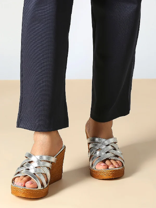 Comfy Shoes Womens Silver Party Wear Strappy Open toe Wedges Mules