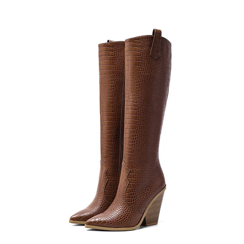 Elegant Footwear Chic Croc Effect Pointed Toe Knee High Cuban Heel Boots - Brown