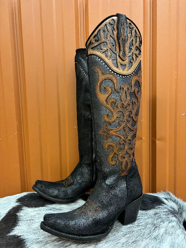 Stylish Loafers Corral Women's Brown & Black Overlay Studded Tall Cowgirl Boots C4092