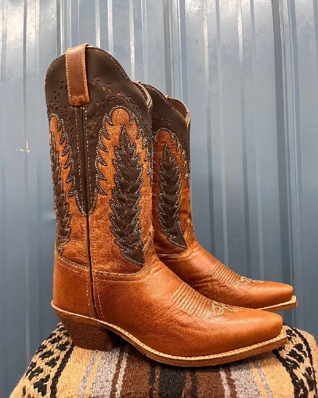 Elegant Footwear Laredo Women's Honey & Brown Farah Laser Cut Snip Toe Western Cowgirl Boots 52213