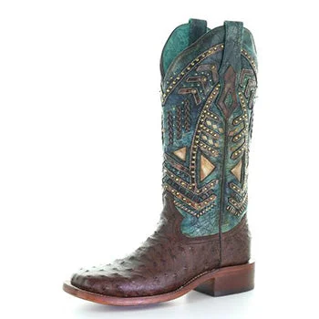 Luxury Sneakers Corral Brown and Turquoise Ostrich Embroidery Stud Boots