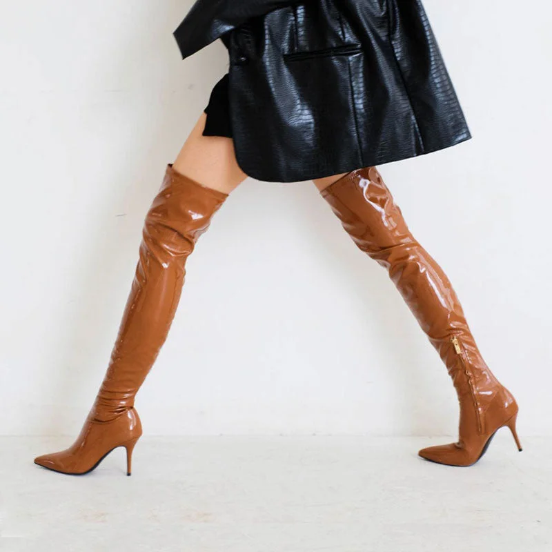 Classic Sneakers Glossy Patent Leather Over Knee Pointed Toe Stiletto Boots - Caramel