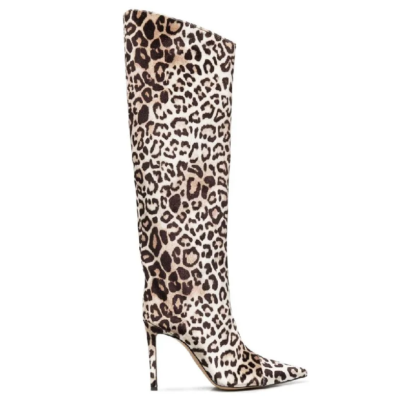 Breathable Shoes Leopard Print Pointed Toe Knee High Suede Stiletto Boots - Brown
