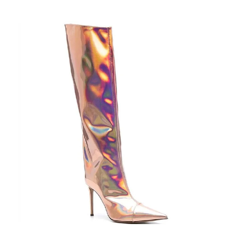 Trendy Sneakers Metallic Pointed Toe Patent Leather Knee High Stiletto Boots - Champagne