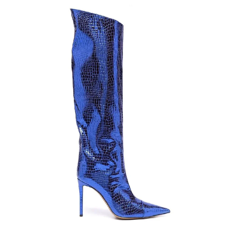 Budget-Friendly Shoes Metallic Snake Effect Pointed Toe Knee High Stiletto Boots - Klein Blue