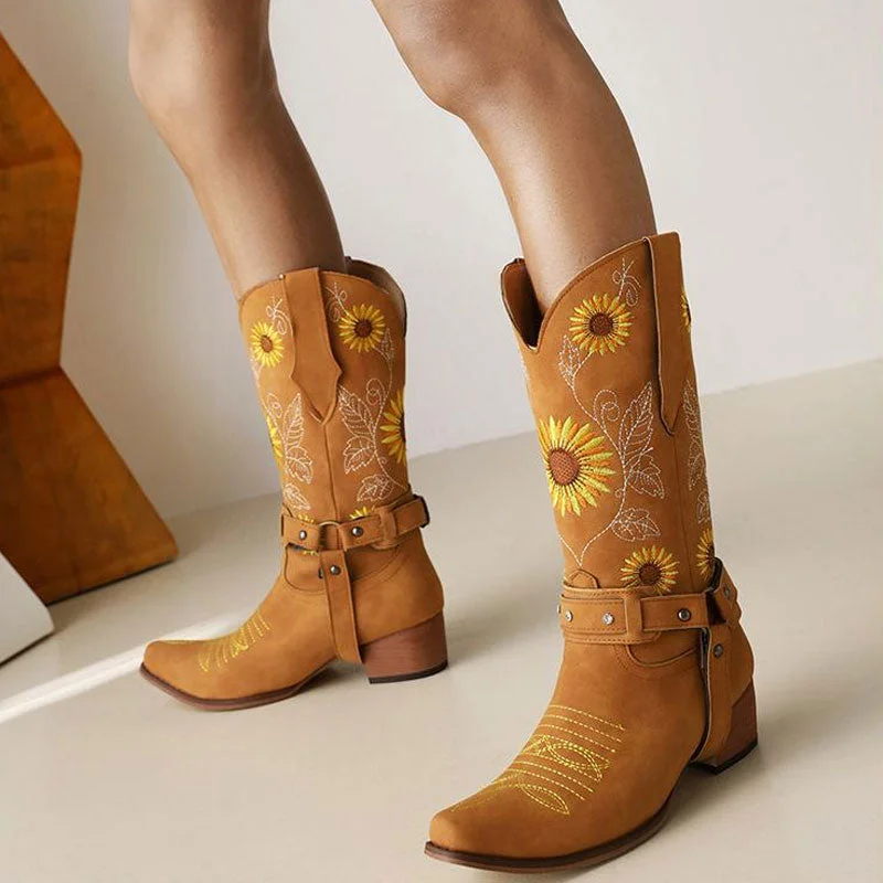 Fashion Comfort Shoes Pretty Sunflower Embroidered Square Toe Chunky Heel Western Boots - Yellow