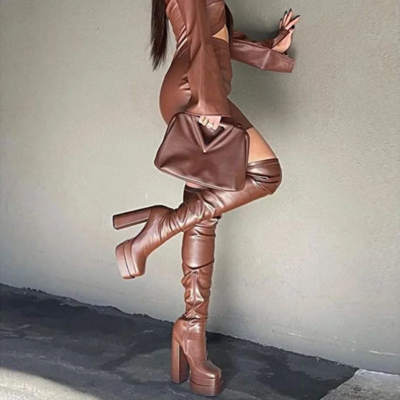 Lightweight Breathable Shoes Sexy Square Toe Over Knee Platform Chunky Heeled Boots - Apricot