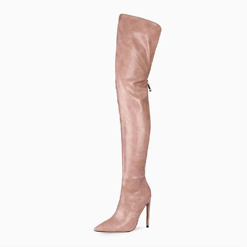 Flexible Sneakers Stylish Pointed Toe Faux Leather Over Knee Stiletto Boots - Taupe Pink