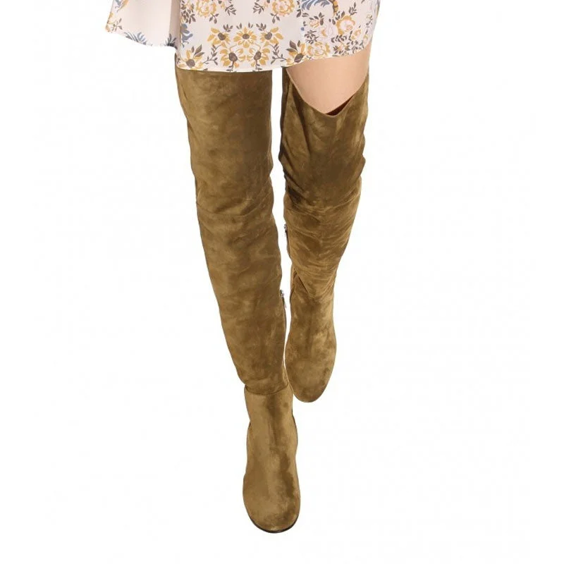Fashionable Slip-Ons Stylish Round Toe Low Block Heeled Suede Over Knee Boots - Khaki