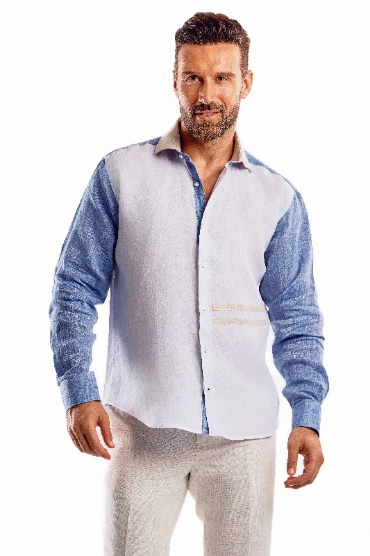 Simple Wardrobe Casual Multi Color Block Design 100% Linen Shirt Long Sleeve