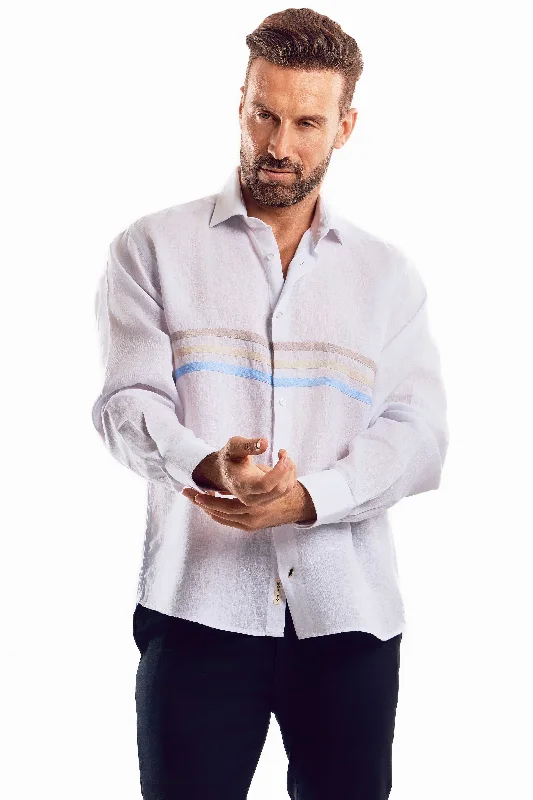 Active Tops Casual Multi Color Block Design 100% Linen Shirt Long Sleeve