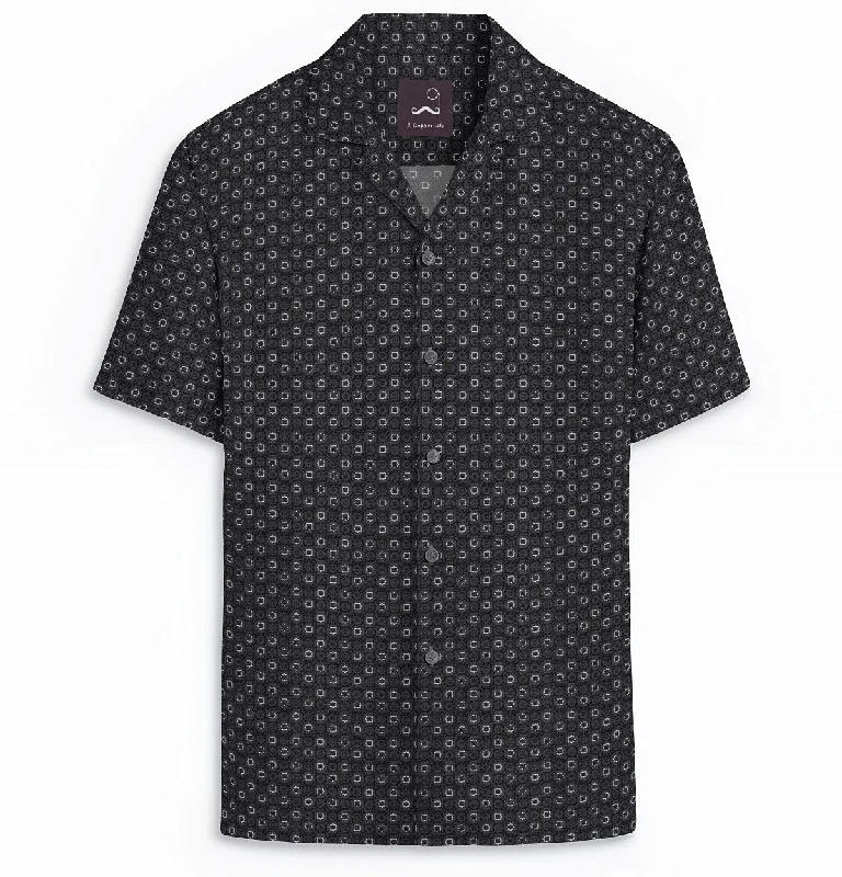 Stylish Shoes Pure Cotton - Camp Collar - Short Sleeve - Dark Gray Floral Maze