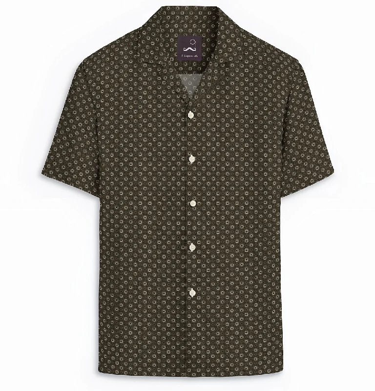 Casual Looks Pure Cotton - Camp Collar - Short Sleeve - Olive Floral Maze