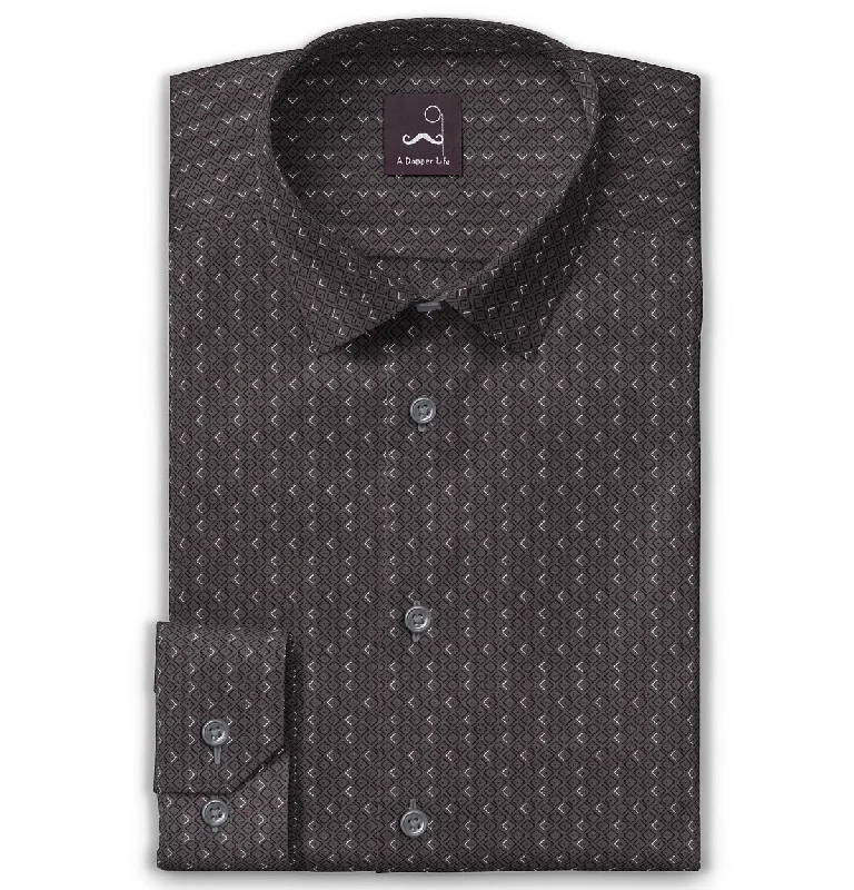 Practical Looks Pure Cotton - Semi-Spread Collar - Long Sleeve - Gray Diamond Lattice