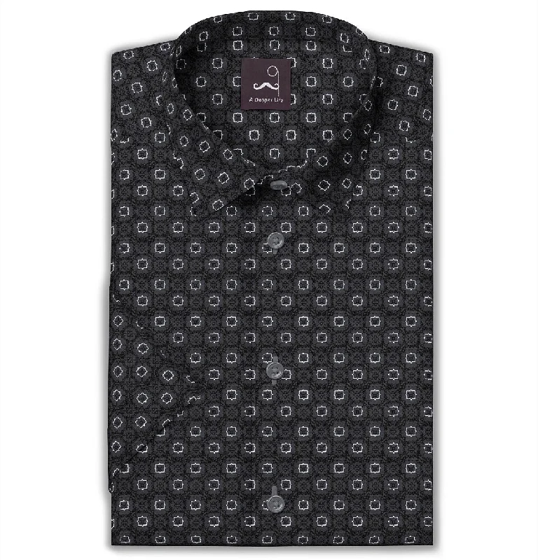 Casual Knit Tops Pure Cotton - Semi-Spread Collar - Short Sleeve - Dark Gray Floral Maze Casual Knit Tops Pure Cotton - Semi-Spread Collar - Short Sleeve - Dark Gray Floral Maze