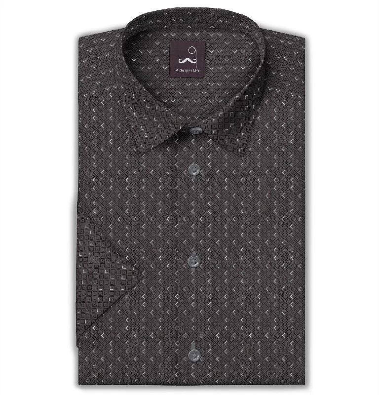Warm Essentials Pure Cotton - Semi-Spread Collar - Short Sleeve - Gray Diamond Lattice